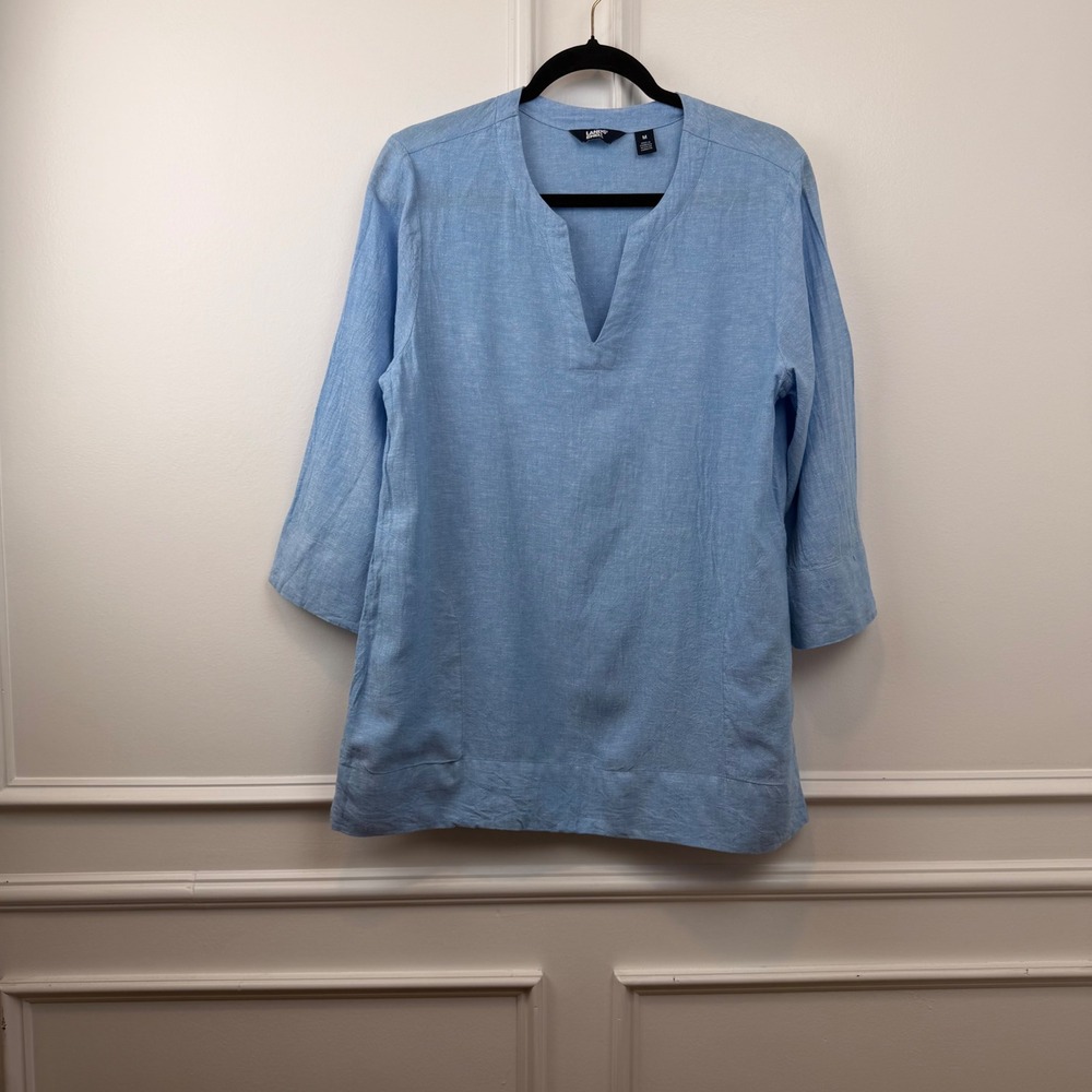 Lands End Womens Blue Linen Blend Split Neck 3/4 Sleeve Tunic Top Size Medium
